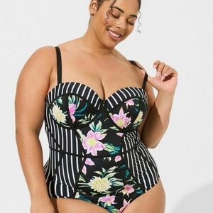 Torrid Black and White Striped Swimsuit with Floral Accents